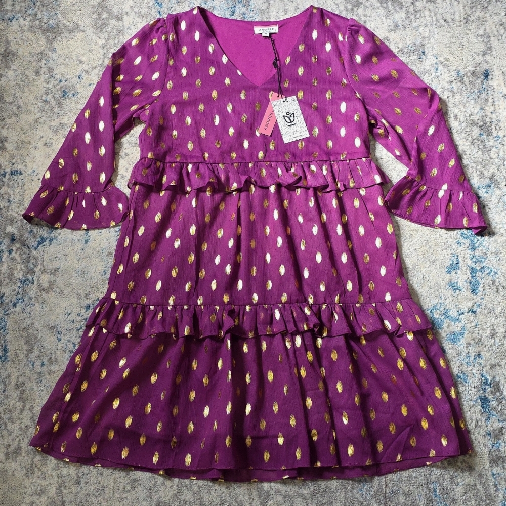 NWT Andree By Unit Women's Medium Purple‎ With Gold Detailing Tiered Style Dress